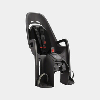 Black Hamax Zenith child bike seat with carrier adapter, featuring adjustable footrests and safety harness.