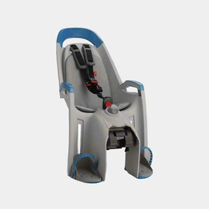 Child safety seat with blue accents on a gray background