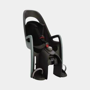 A Hamax Caress child bike seat with a carrier adapter, featuring a black color scheme, adjustable backrest, and footrest system.