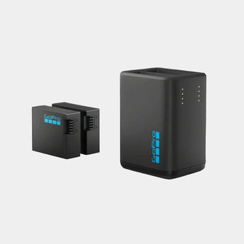 GoPro HERO 13 Black Dual Battery Charger set including a dual battery charger and two Enduro batteries with a USB-C cable, all in black color.