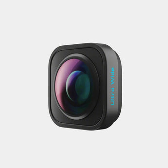 GoPro Ultra Wide Lens Mod with black casing and a multicolored lens, designed for HERO12 Black, HERO11 Black, HERO11 Black Mini, and HERO10 Black cameras.