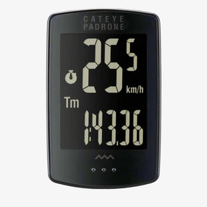 Cateye Padrone Stealth Wireless Cycle Computer with a large LCD screen displaying speed and distance metrics, housed in a black casing.