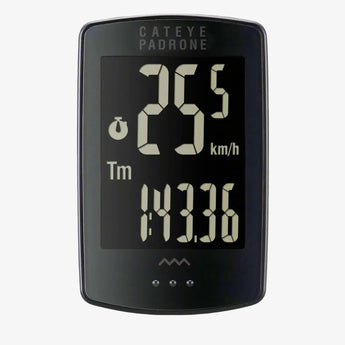Cateye Padrone Stealth Wireless Cycle Computer with a large LCD screen displaying speed and distance metrics, housed in a black casing.