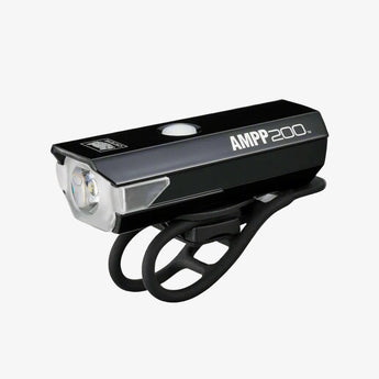 Cateye AMPP 200 Front Bike Light, a compact black rechargeable headlight with visible LED lights and control buttons, mounted on a flexible band.