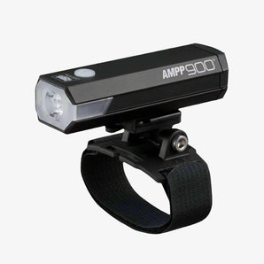 Cateye AMPP 900 bike helmet light mounted on a black strap, with a sleek black body featuring LED lights and control buttons.