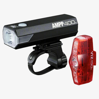 A set of Cateye bike lights, with a black front light labeled AMPP 400 and a red rear light labeled VIZ 150, both mounted on bike brackets.