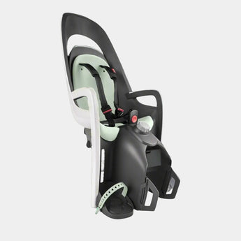 A Hamax Caress Pannier Rack Child Bike Seat with a black and white color scheme, designed for children's bicycles.