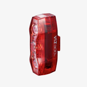A red Cateye VIZ 300 rear bike light with LED lights visible through the transparent casing.