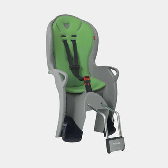 A green and gray Hamax Kiss Medium Child Bike Seat with a safety lock and quick-release system, designed for children.