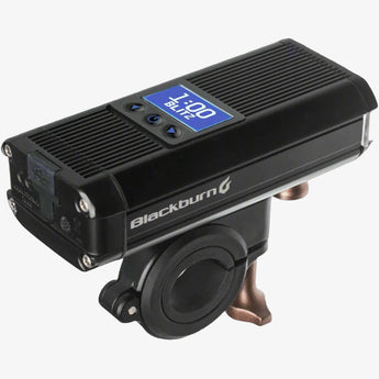 Blackburn Countdown 1600 Front Bike Light, black in color with a digital display and mounting bracket, designed for mountain biking.