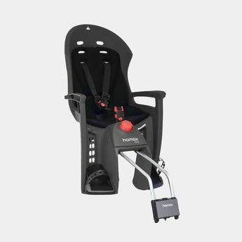 A black Hamax Siesta child bike seat with lockable bracket, featuring a reclining system and a dual-bar steel suspension.