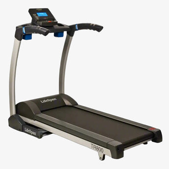 LifeSpan TR800 Fitness Treadmill with a black belt, blue and gray framework, and an attached console with a screen.