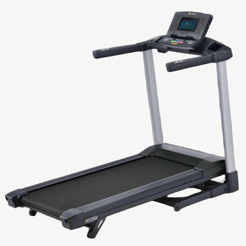 Treadmill with digital display on a gray background