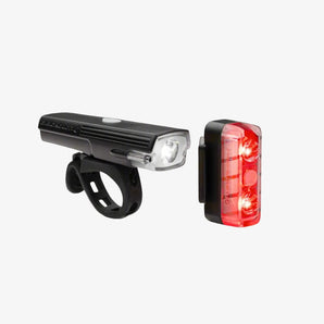 A set of Blackburn brand bike lights, one front and one rear, both with LED lights, in black color.