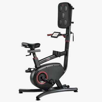 Exercise bike with digital display on a white background