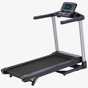Treadmill with a digital display on a gray background