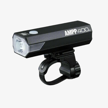 Black bicycle headlight with 'AMPP 400' branding on a gray background