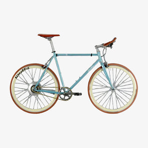 Light blue bicycle with brown wheels on a white background