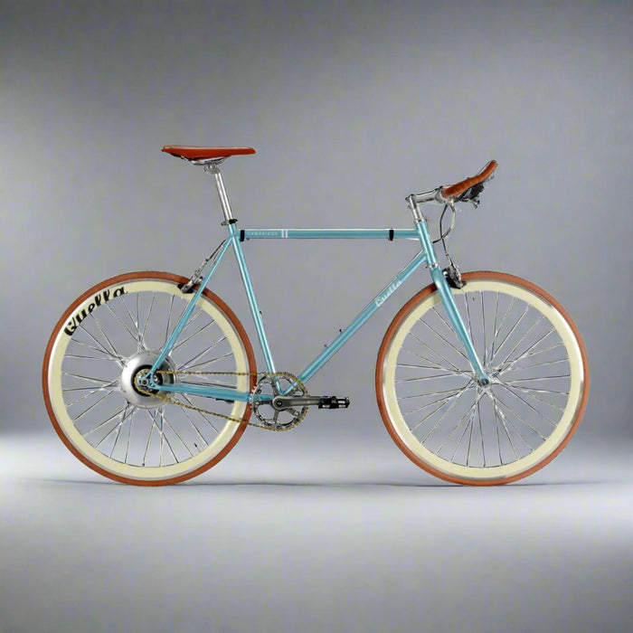 Light blue bicycle with brown wheels on a white background