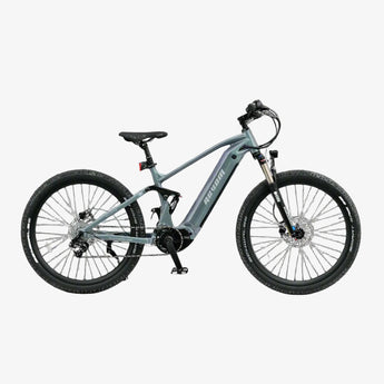 A full suspension electric mountain bike in gray color with hydraulic disc brakes and a mid-drive motor.