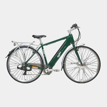 A green EMU Roam Crossbar electric bike with a kickstand, grey studio background