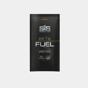 A single black sachet of Sis Science by Sport Beta Fuel energy drink powder, labeled Orange, centered on a light gray background.