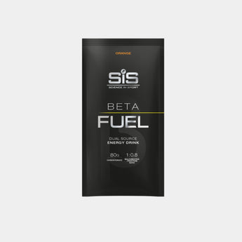 A single black sachet of Sis Science by Sport Beta Fuel energy drink powder, labeled Orange, centered on a light gray background.