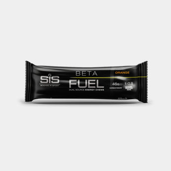 A single black SIS Beta Fuel energy chew bar in orange flavor, shown horizontally against a light gray background.
