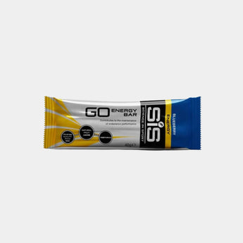 A single SIS Go Energy Bar in Blueberry flavor, wrapped in a metallic silver, yellow, and blue sleeve, shown against a plain light gray background.