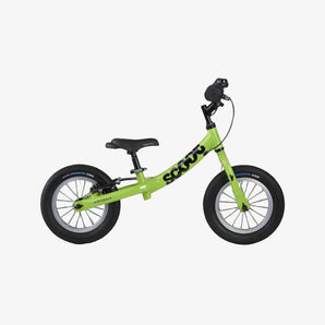A green Ridgeback Scoot Kids Balance Bike with a step-through frame and 12-inch wheels, designed for children aged 3-5 years.