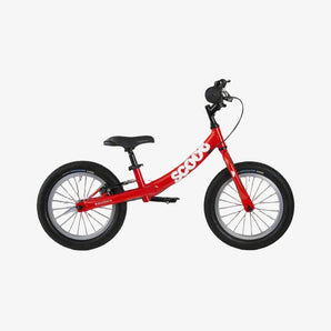 A red Ridgeback Scoot XL balance bike with 14-inch wheels, black handlebars, and a rear V-brake.