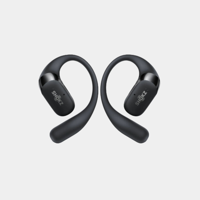 Black wireless earbuds with SHOKZ branding on a white background
