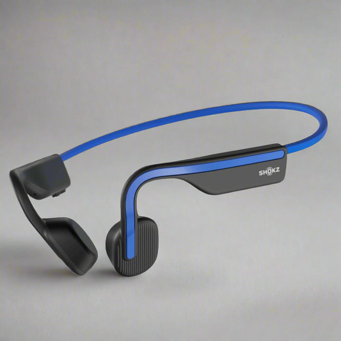 Shokz OpenMove Earphones featuring a blue and black color scheme with an open-ear design and bone conduction technology.