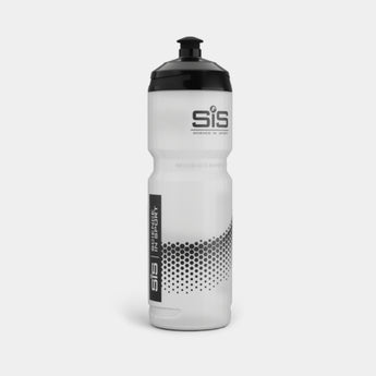 A white and black SIS sports water bottle with a black flip-top cap, featuring the SIS logo and a black halftone wave pattern on a light gray background.