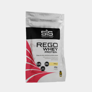 A 450g stand-up pouch of SIS Rego Whey Protein in vanilla flavor, featuring a white and black design with a red patterned accent on the lower left.