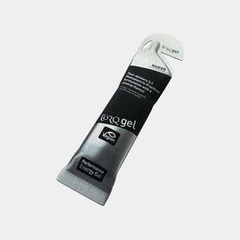 A single tube of NAKED forQ gel performance energy gel, shown diagonally against a light gray background.