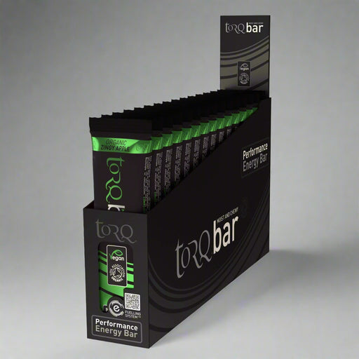 Display box of torQ bar performance energy bars on a white background