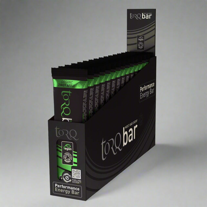 Display box of torQ bar performance energy bars on a white background