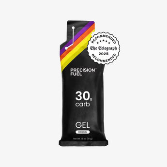 Precision Fuel gel package with a colorful label on a white background