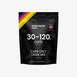 Black package of Precision Fuel carb only drink mix with colorful label on a white background