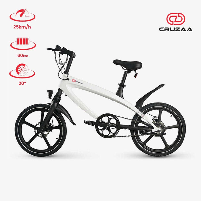 Cruzaa Built-In Speakers & Bluetooth Electric Bike, Racing White - 60km Range Urban City Bikes Cruzaa 