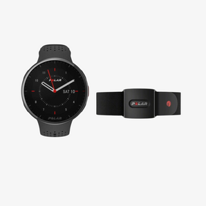 Polar smartwatch and heart rate monitor on a light gray background
